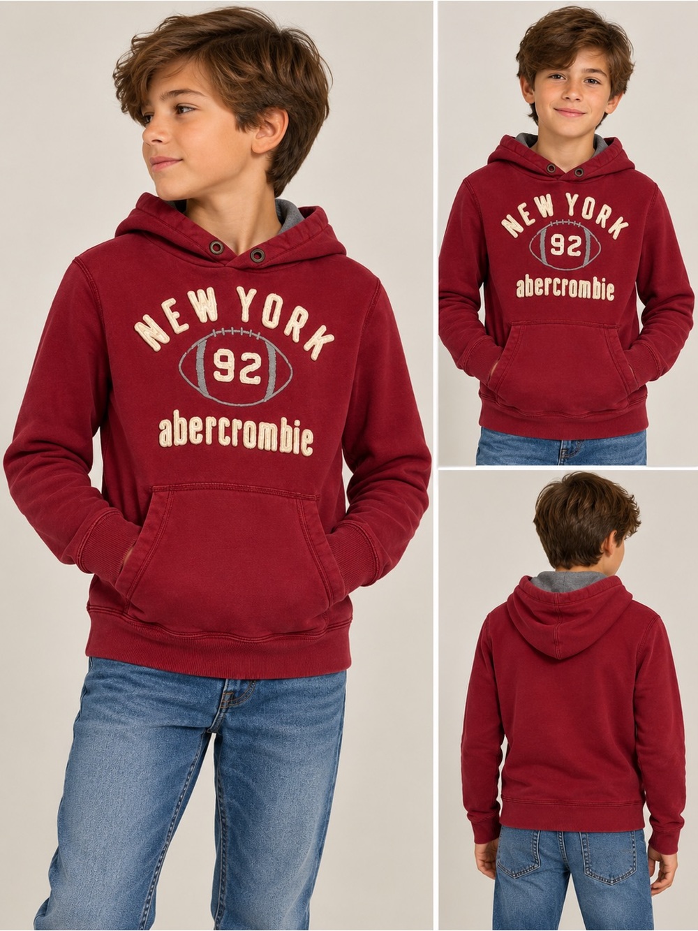 Abercrombie Boys New York 92 Football Hoodie Red Pullover Large